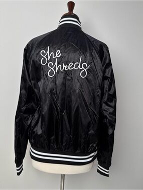 Augusta Sportswear She Shreds Black Satin Varsity Jacket with White Script small